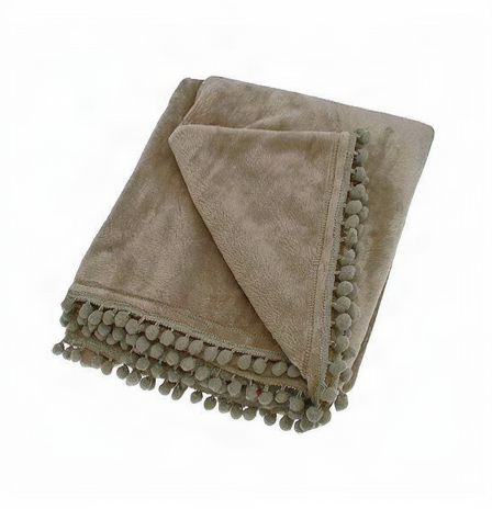Cashmere touch fleece throw in earth brown, folded, with pom-pom braid trim detail