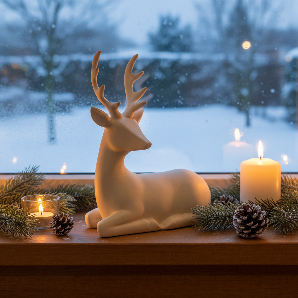 Large matte cream seated reindeer figurine on a Christmas windowsill with candlelight, pine sprigs and snowy view outside