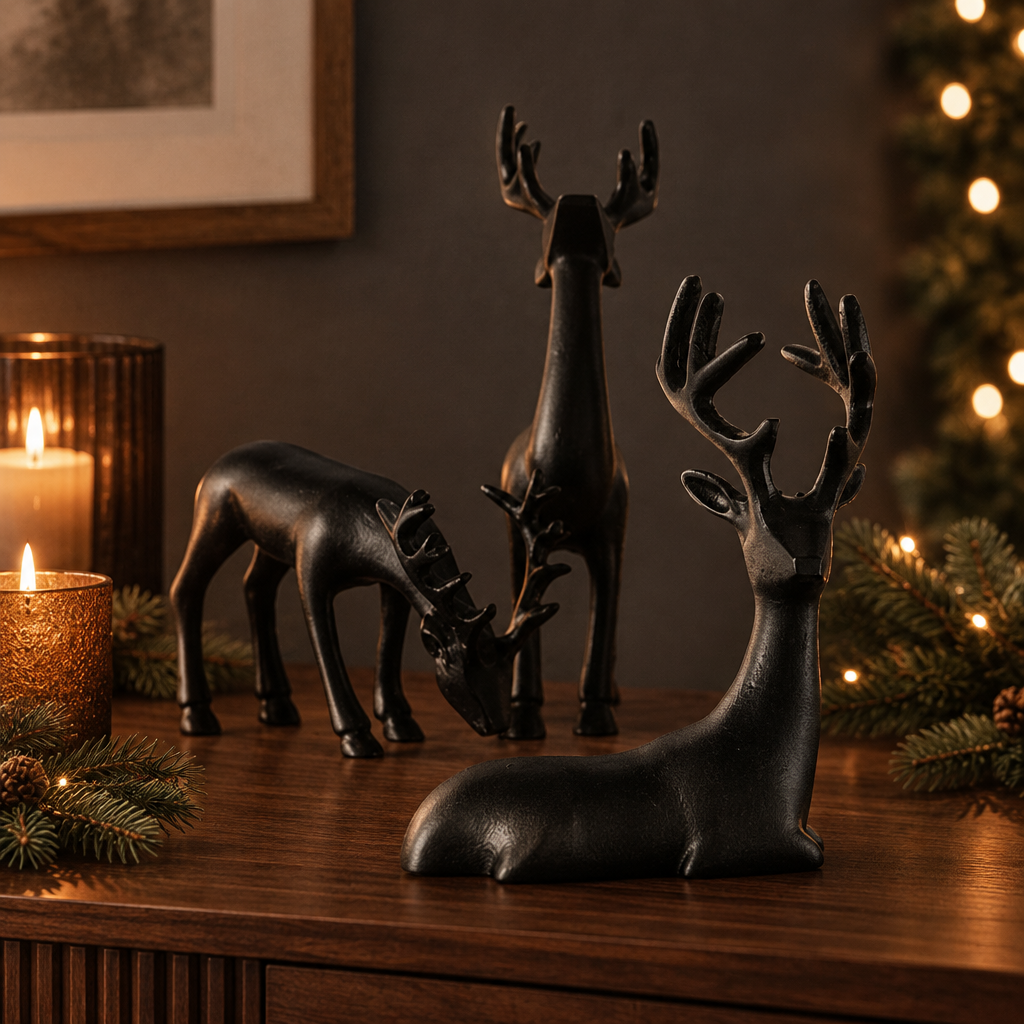 Three matte black Seran deer figurines displayed on a dark wood console in a warm Nordic Christmas setting