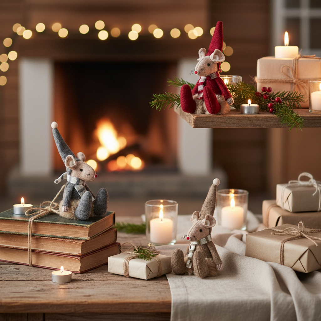 Three felt Christmas mice decorations arranged playfully at different heights in a cosy Nordic Christmas setting