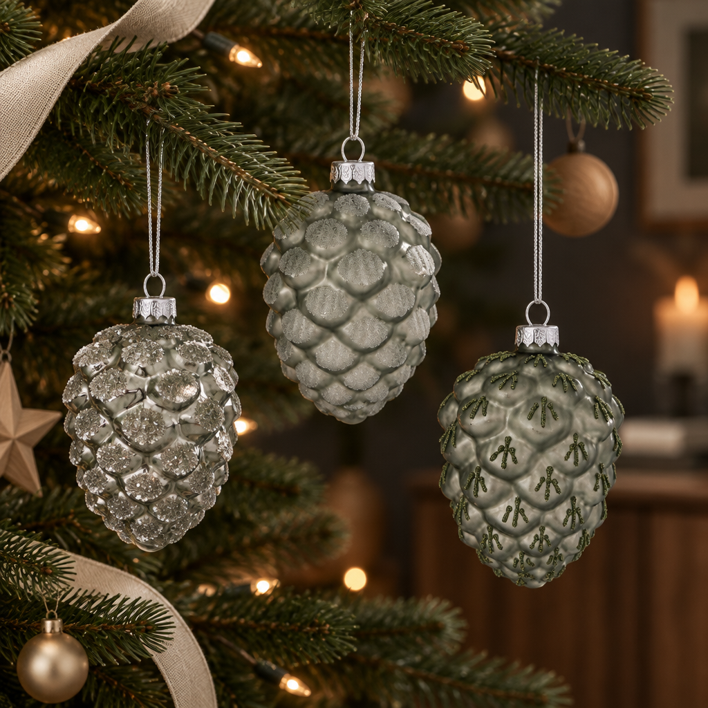 Three green glass Segia pinecone ornaments in glitter-tipped, soft frosted and evergreen sprig designs hanging separately from a warmly lit Nordic Christmas tree