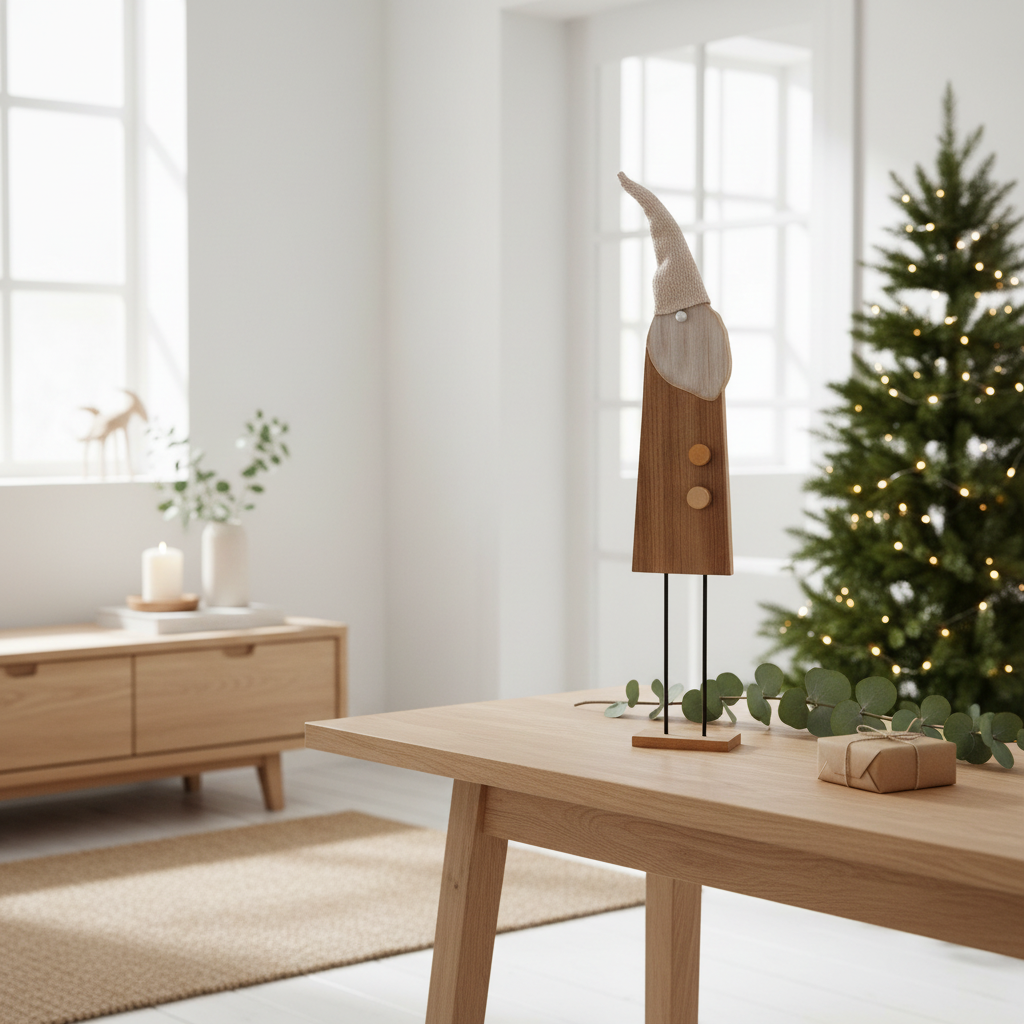 Wooden Nordic Santa gonk figurine on stand styled in a bright Scandinavian living room with natural oak console table, white walls, minimal Christmas tree and soft daylight