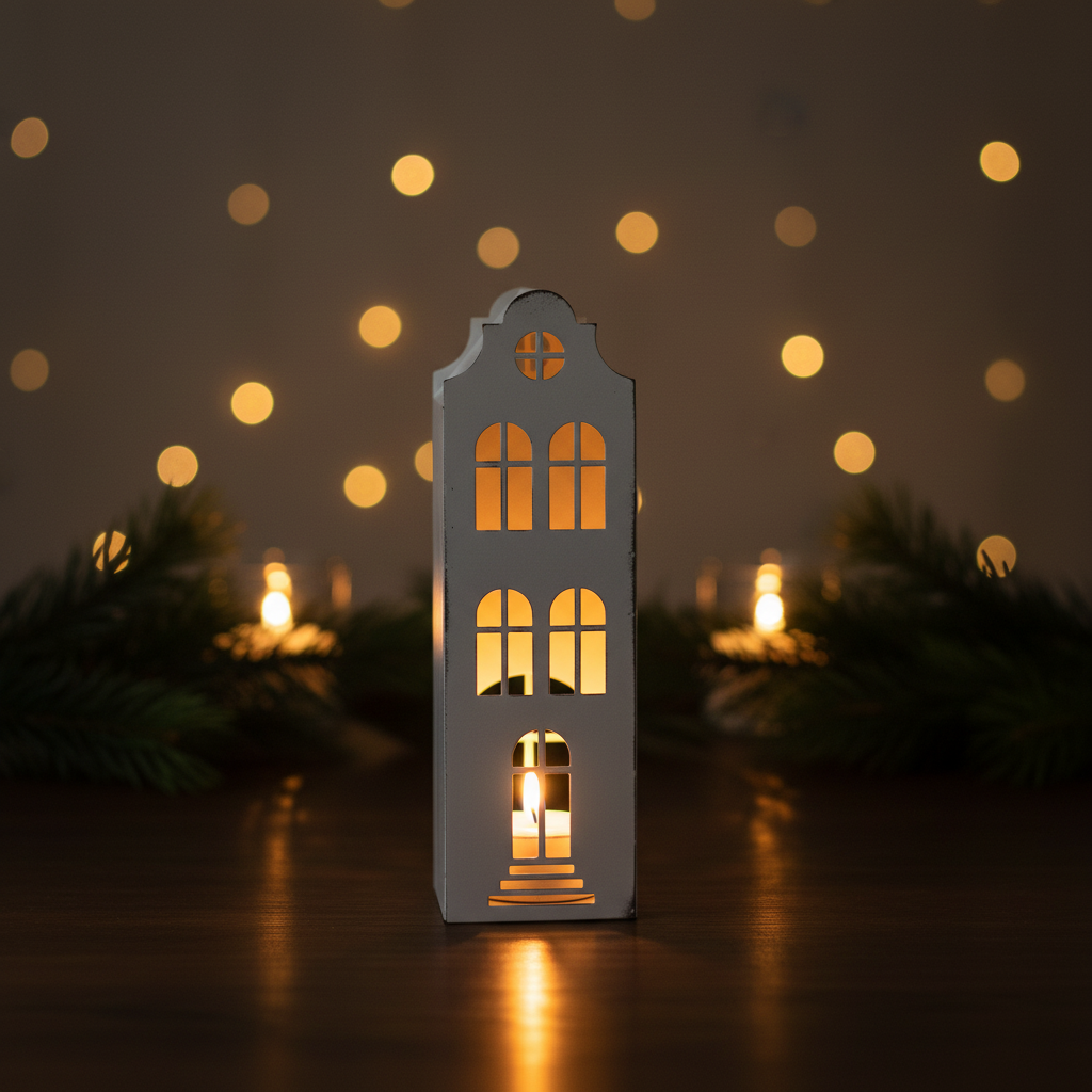 Tall white metal house candle holder with lit tealight glowing through arched windows in a Nordic Christmas setting