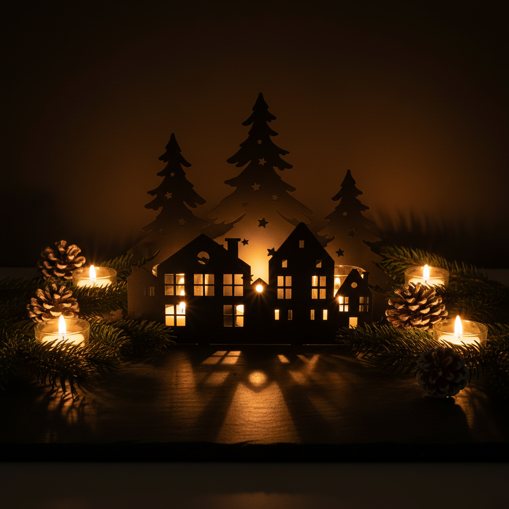 Aro Nordic village tealight holder glowing with warm candlelight through cut-out house and Christmas tree silhouettes