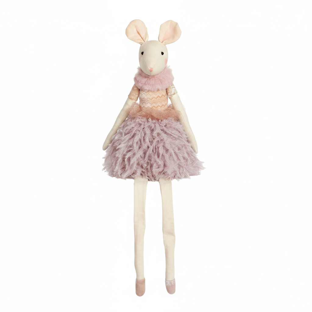 Sitting ballet mouse decorative figure with lavender ruffled feather skirt and pink lace top on white background