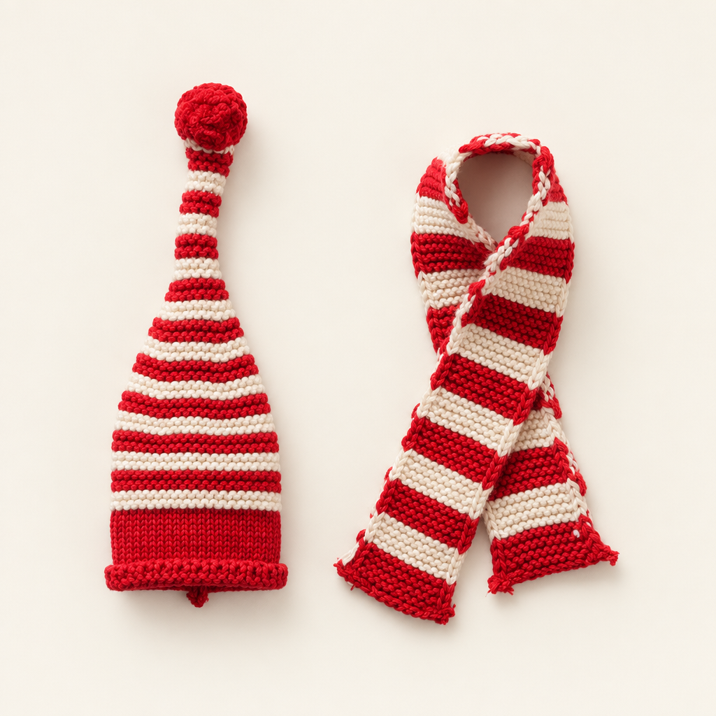Red and cream striped bottle hat and scarf set combined into one image